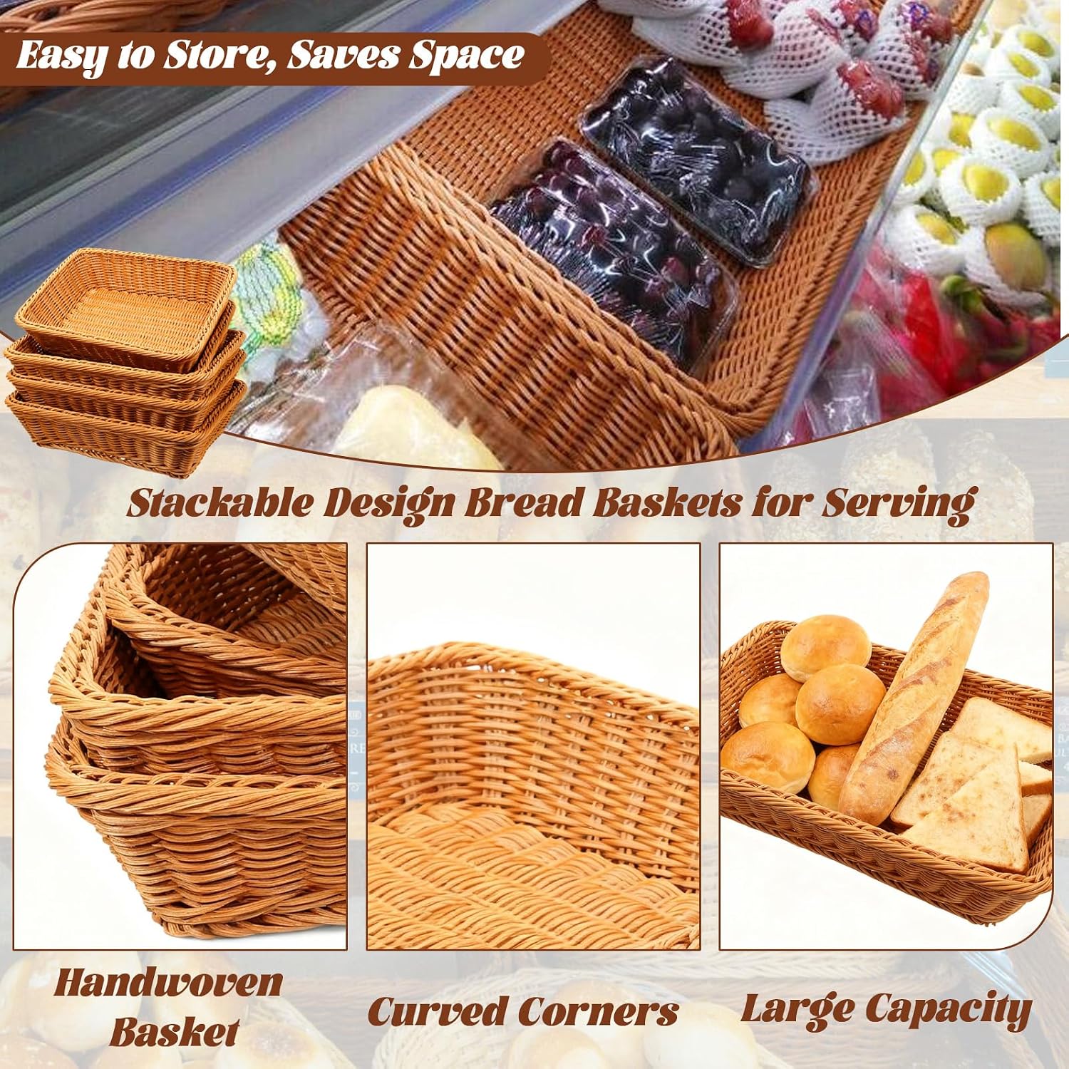 Aldernest 3 Pack Wicker Bread Baskets for Serving 15.8" Large Rattan Tray for Food, Brown