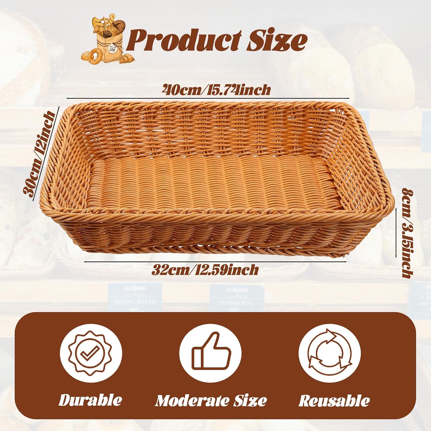 Aldernest 3 Pack Wicker Bread Baskets for Serving 15.8" Large Rattan Tray for Food, Brown