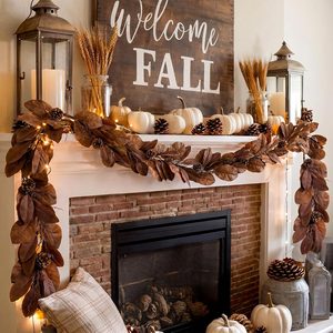 Aldernest 6 ft Fall Thanksgiving Magnolia Leaf Garland with Pine Cones for Mantel, 13.28 ounces, Brown, 4 Count