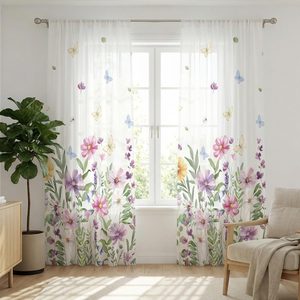 VelloHome 2Pcs Floral Sheer Window Curtains 52x84in, Wildflower Butterfly, White
