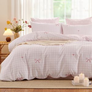 Aldernest Gingham Comforter Set Twin, Pink Bedding Set with Bowknot for Girls, Pink Plaid