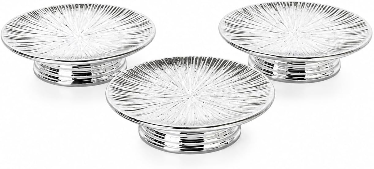 Aldernest Silver Ceramic Decorative Tray Set of 3, Electroplated Sunburst Jewelry Trays, 0.56 kg