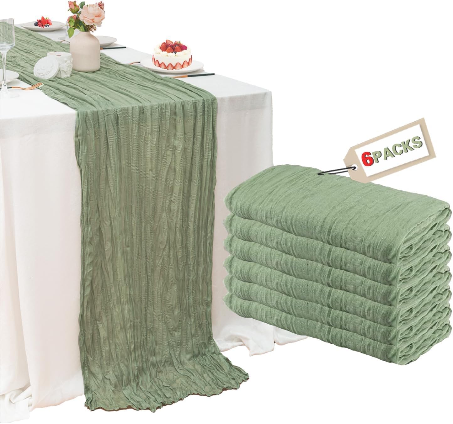 Ashenby 6 Pack Sage Green Cheesecloth Table Runner 22x120 Inch Gauze Table Runners, 0.69 kg, 6Pcs*10FT