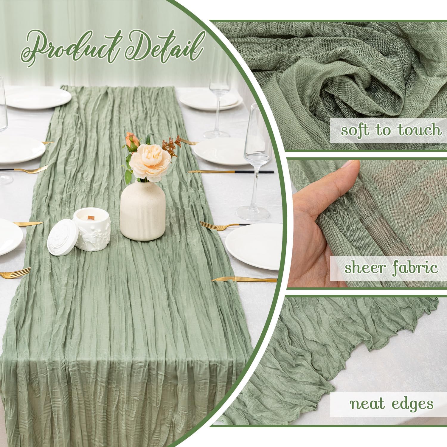 Ashenby 6 Pack Sage Green Cheesecloth Table Runner 22x120 Inch Gauze Table Runners, 0.69 kg, 6Pcs*10FT