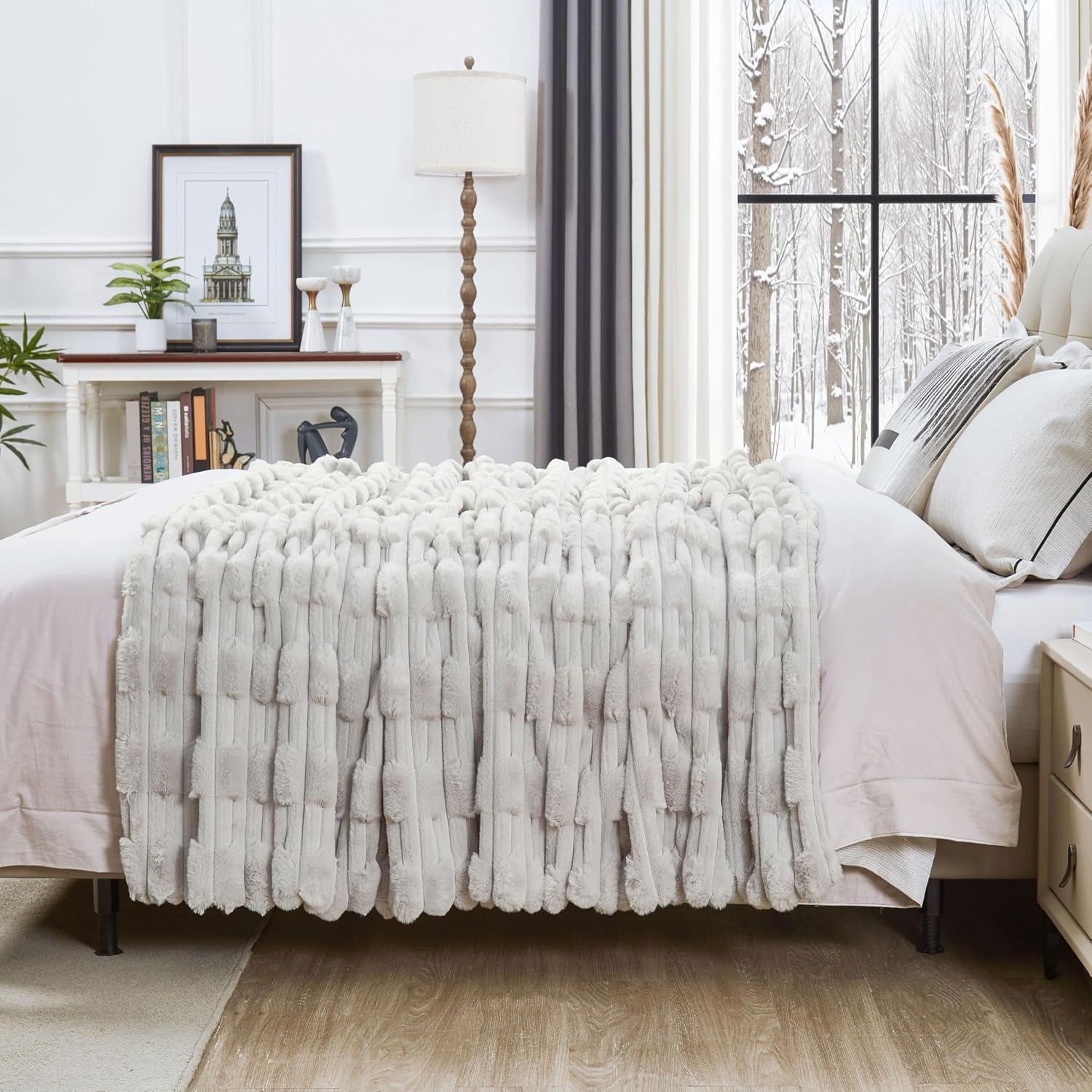 Brackenly Soft Fluffy Striped Faux Rabbit Fur Throw Blanket for Couch 50" x 60", Grey