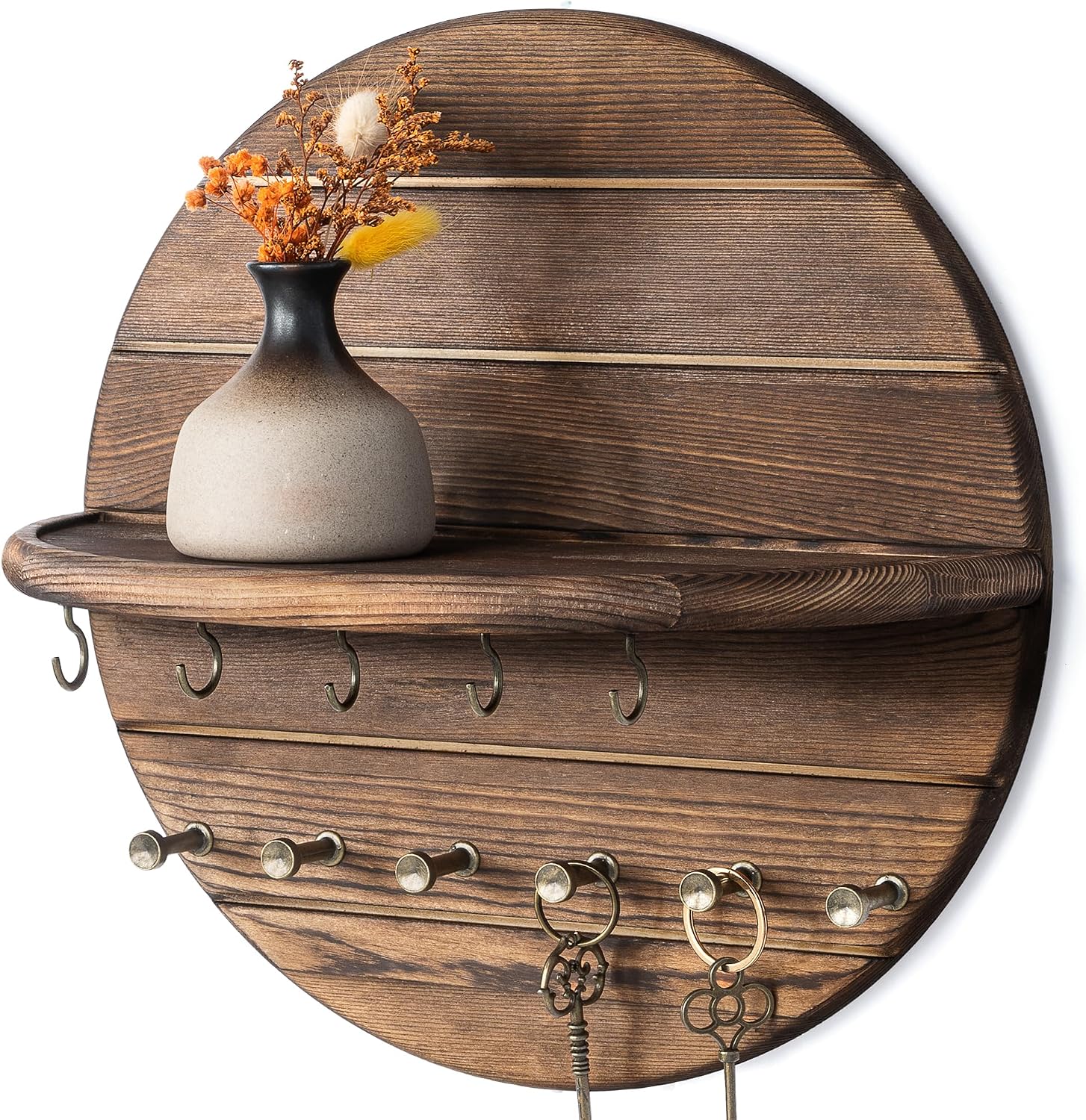 Birchmont Pine Wood Round Key Holder Wall Mount for Home Decor, Brown, 1.6 pounds