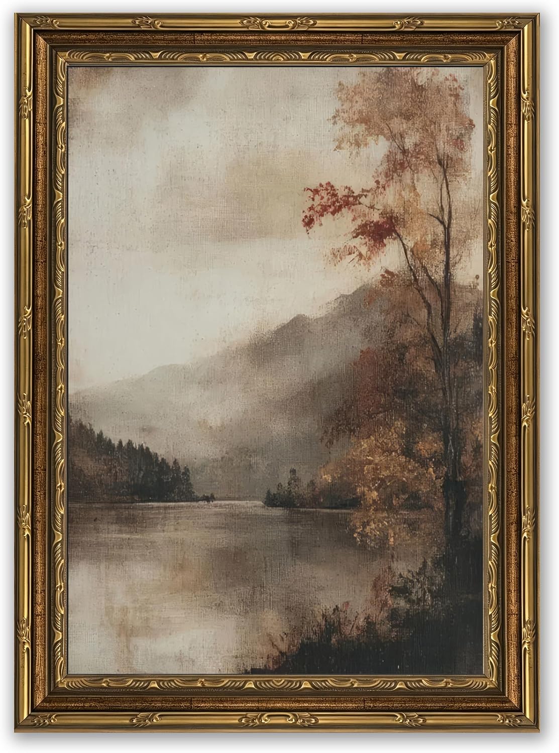 Aldernest Gold Framed Vintage Fall Landscape Canvas Wall Art, Rustic Lakeside Artwork, 1.6 ounces, 11"L x 9"W