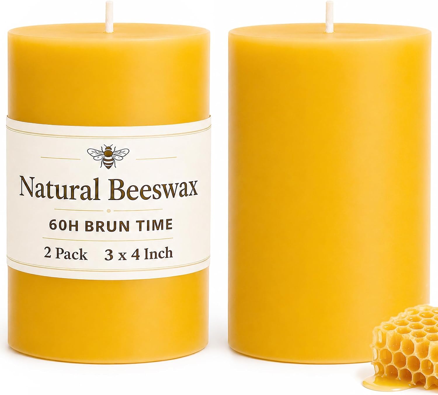 Ashenby Beeswax Pillar Candles Bulk, Non-Toxic, 3X 4inch 2 Packs 60 Hours, 1.8 pounds, Yellow