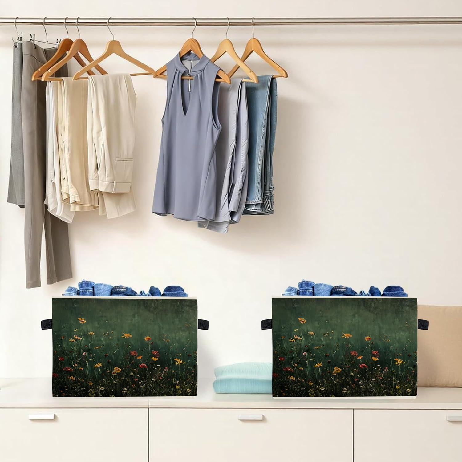 Aldernest Dark Green Wildflower Storage Box Bins, Floral C