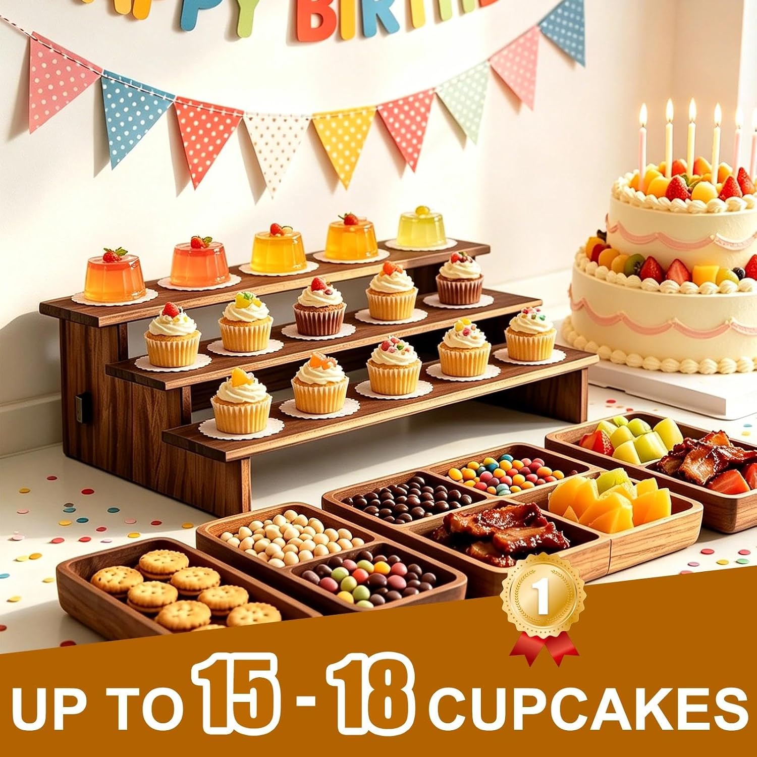 Ashenby 3 Tier Cupcake Stand Wood - 30s Quick Assembly, Easy Carry&Store, 0.4 kg, Dark Brown