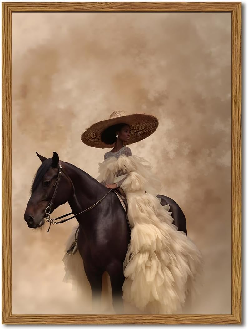 Aldernest Framed Western Cowgirl Wall Art, Fashion Black Girl Riding Horse Canvas Wall Decor Painting, 1.2 pounds, 16"L x 12"W, Cowgirl Horse Riding