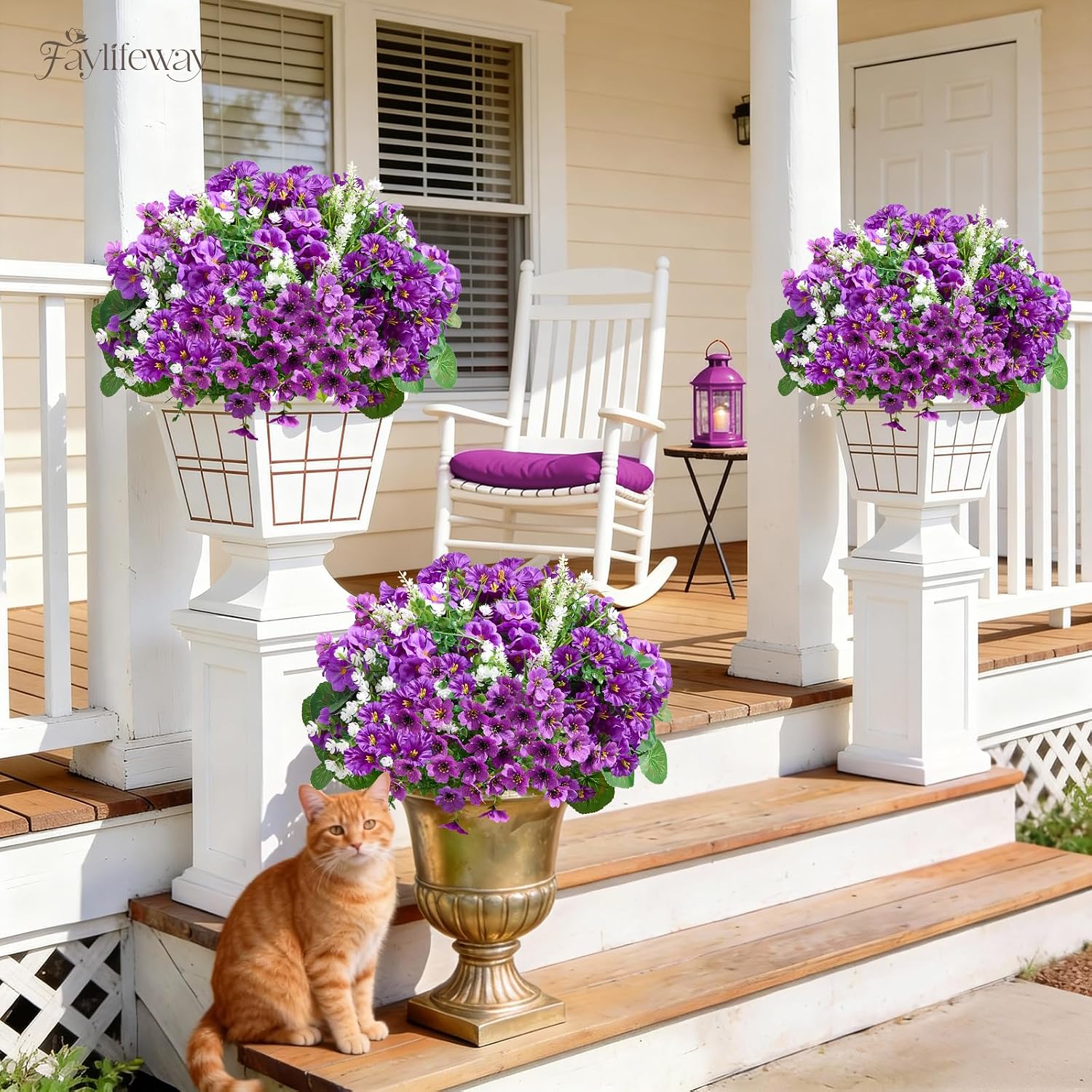 Aldernest 16 Bundles UV Resistant Silk Artificial Outdoor Flowers for Window Box, Purple