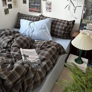 Aldernest Plaid Duvet Cover Set Queen, 3Pcs Brown Blue Bedding Set All Season, 800 g, Queen(No Comforter), Brown Plaid