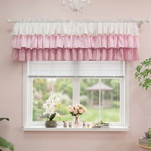Aldernest Ruffled Valance Farmhouse for Small Window White Pink Ombre 52W x 18L 1PC, 5.28 ounces, Ruffled Gradient Pink