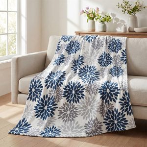 VelloHome Dahlia Pinnata Floral Blue Silver Flannel Throw Blanket 50x60, 0.56 kg, Blue Grey Silver