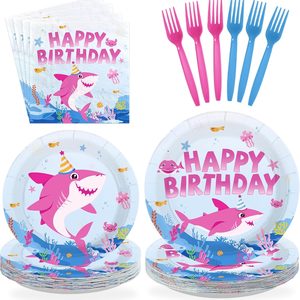 Ashenby 96Pcs Pink Shark Birthday Party Decorations for Girls, Serves 24, 0.75 kg