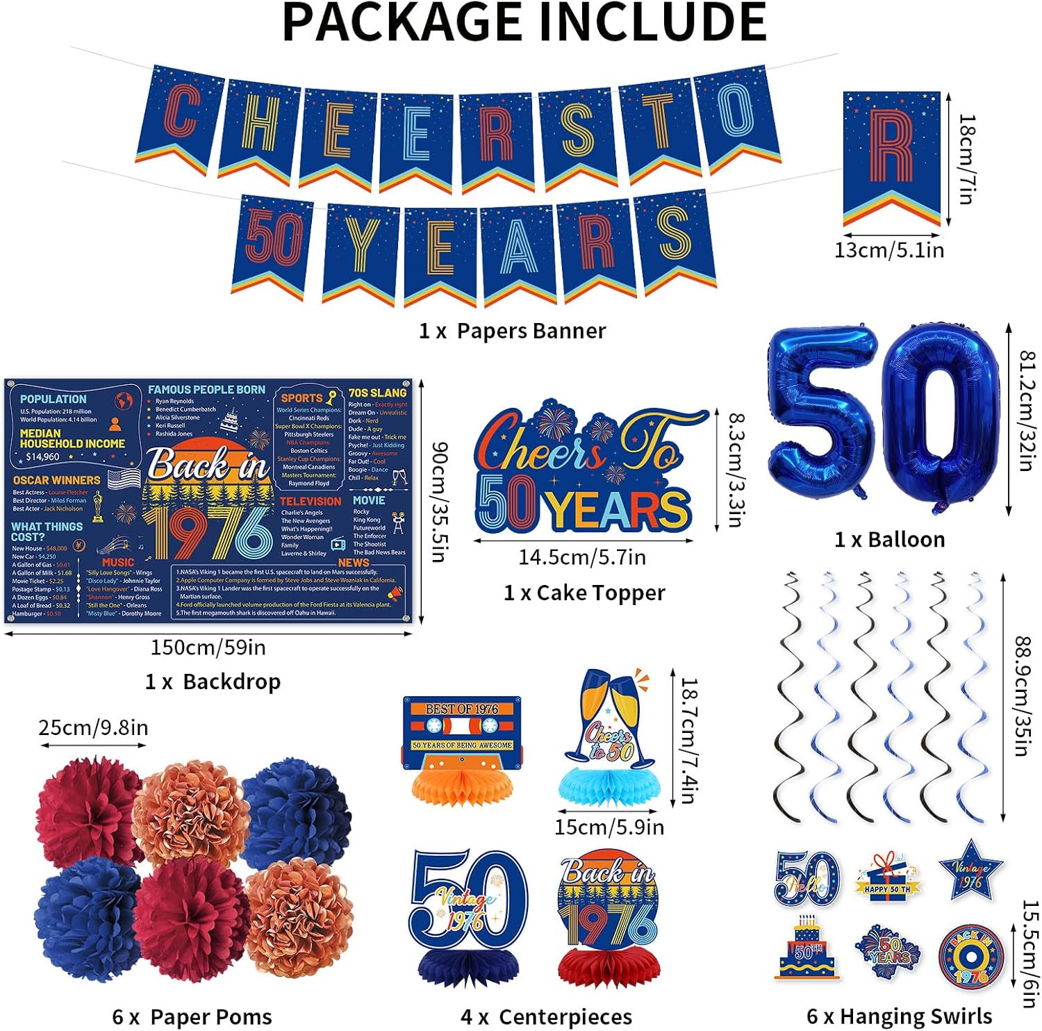 Aldernest 50th Birthday Decorations Men Women, Retro Blue Back in 1976 Poster