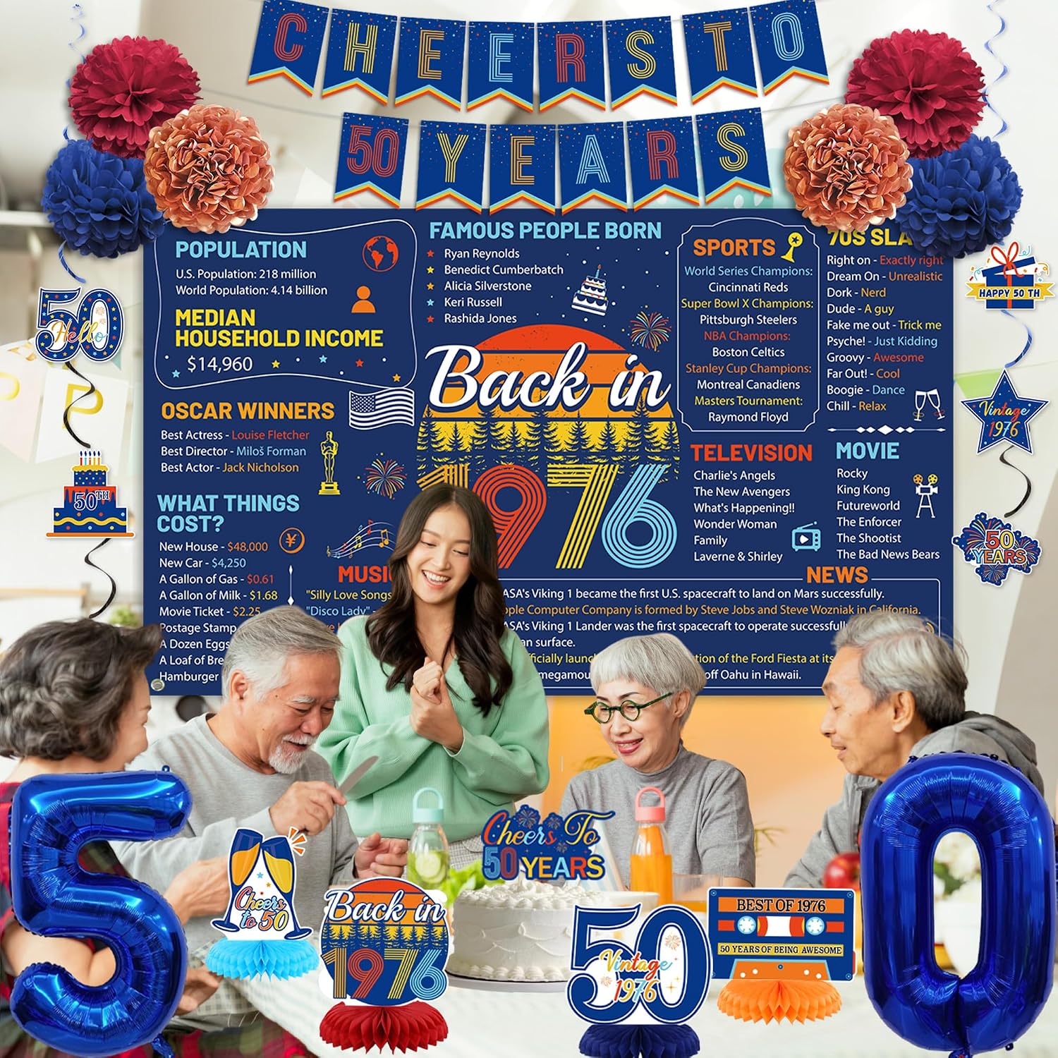 Aldernest 50th Birthday Decorations Men Women, Retro Blue Back in 1976 Poster