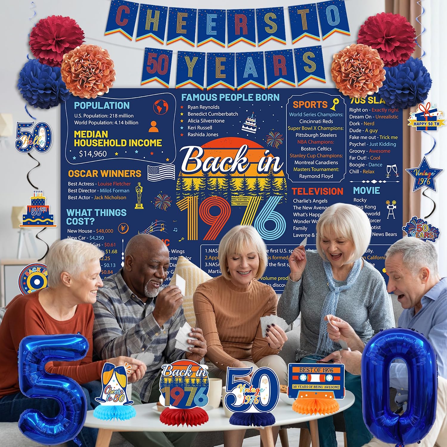 Aldernest 50th Birthday Decorations Men Women, Retro Blue Back in 1976 Poster