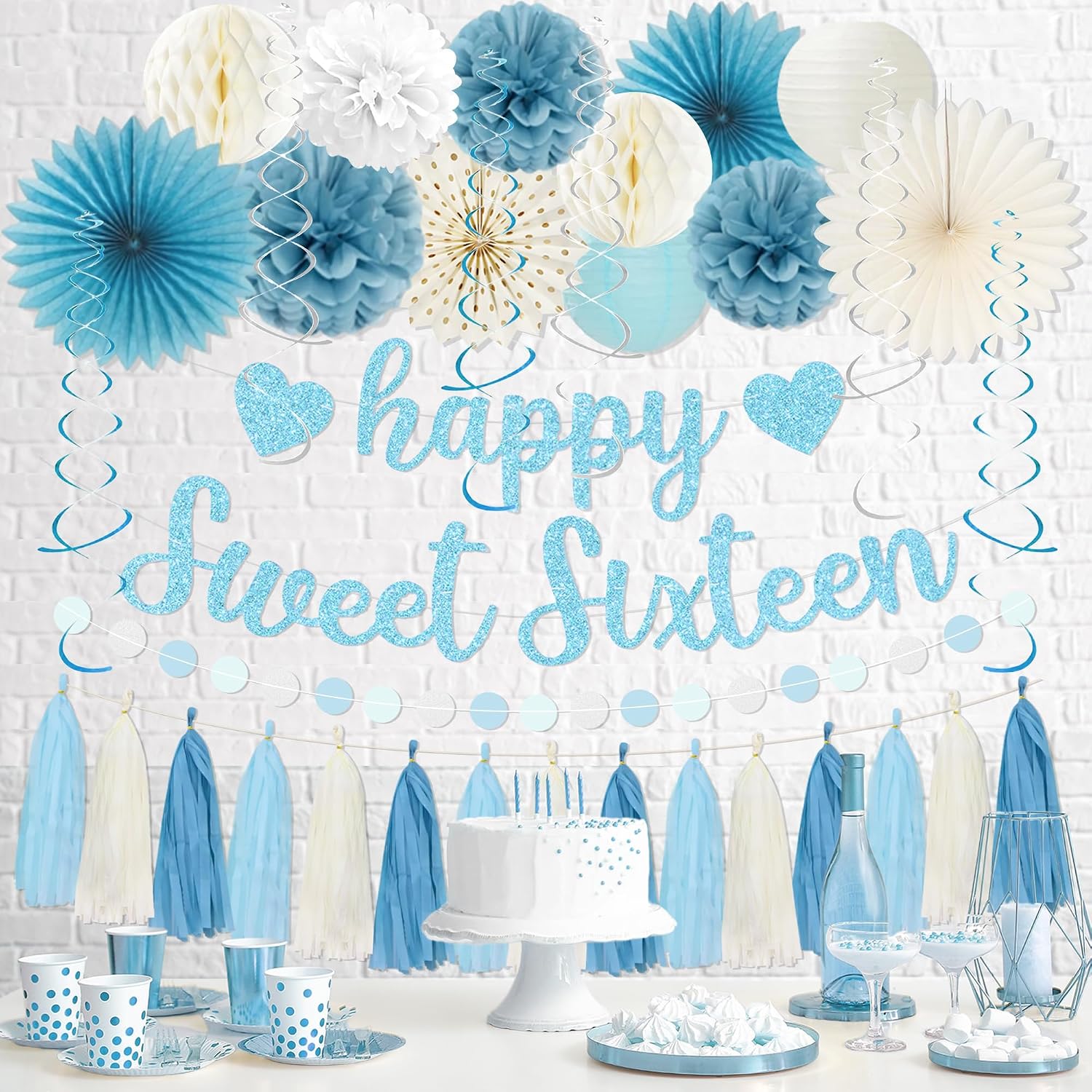 Aldernest 16th Birthday Decorations, Light Blue Glitter Happy Sweet Sixteen