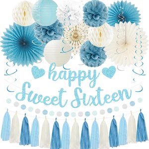 Aldernest 16th Birthday Decorations, Light Blue Glitter Happy Sweet Sixteen