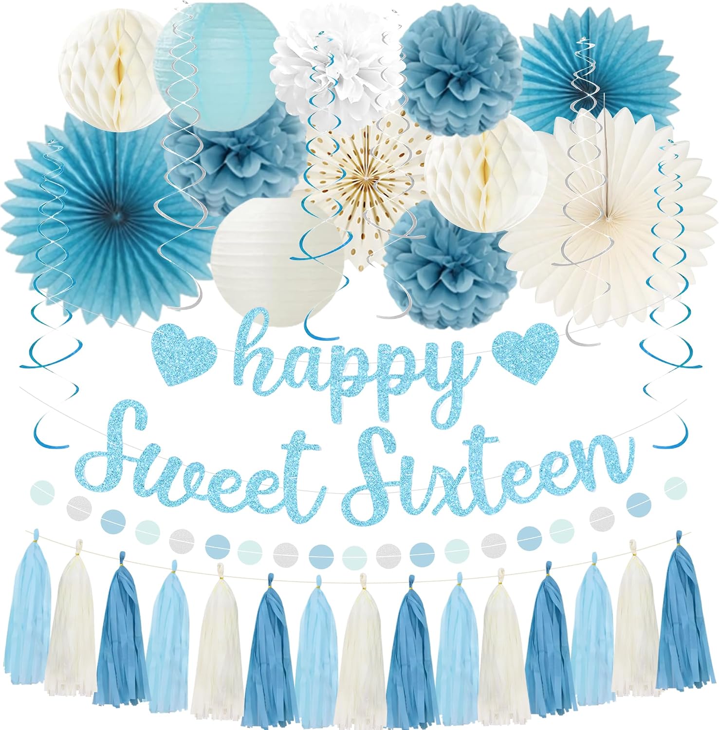 Aldernest 16th Birthday Decorations, Light Blue Glitter Happy Sweet Sixteen