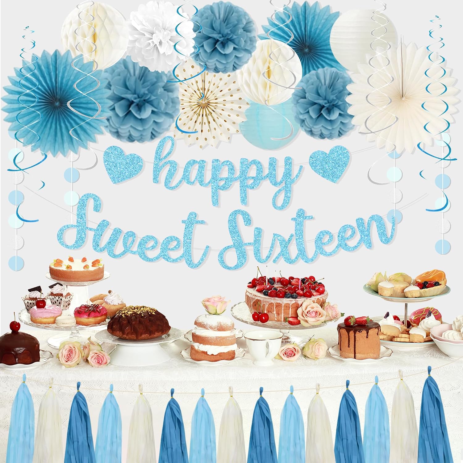 Aldernest 16th Birthday Decorations, Light Blue Glitter Happy Sweet Sixteen
