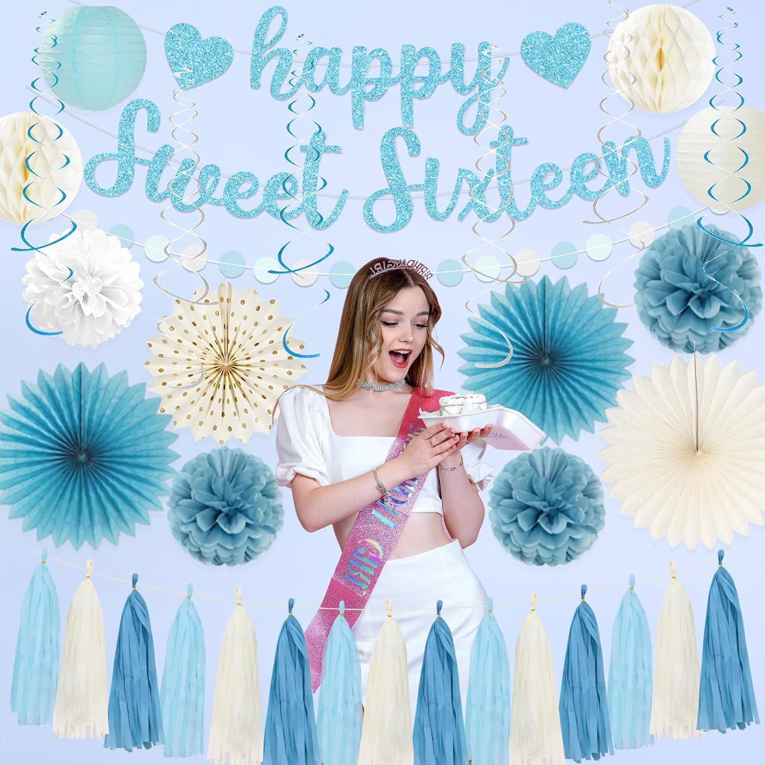 Aldernest 16th Birthday Decorations, Light Blue Glitter Happy Sweet Sixteen