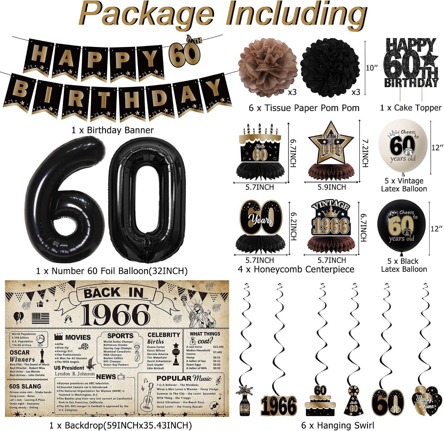 Rowanmere Vintage 1966 60th Birthday Party Decorations for Men Women