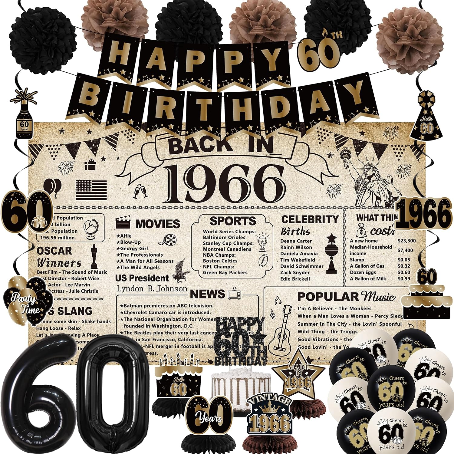Rowanmere Vintage 1966 60th Birthday Party Decorations for Men Women