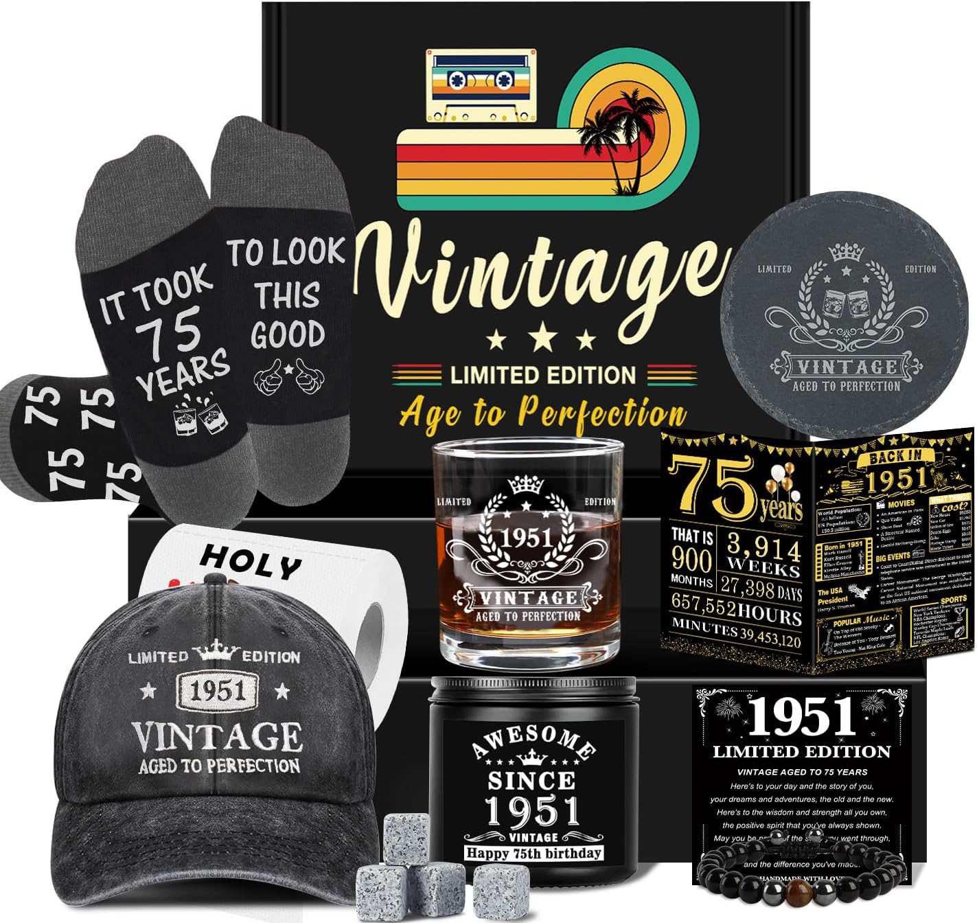 Ashenby 75th Birthday Gifts for Men, Unique Gift Ideas for 75th Birthday Men, large, Black, 10 Count