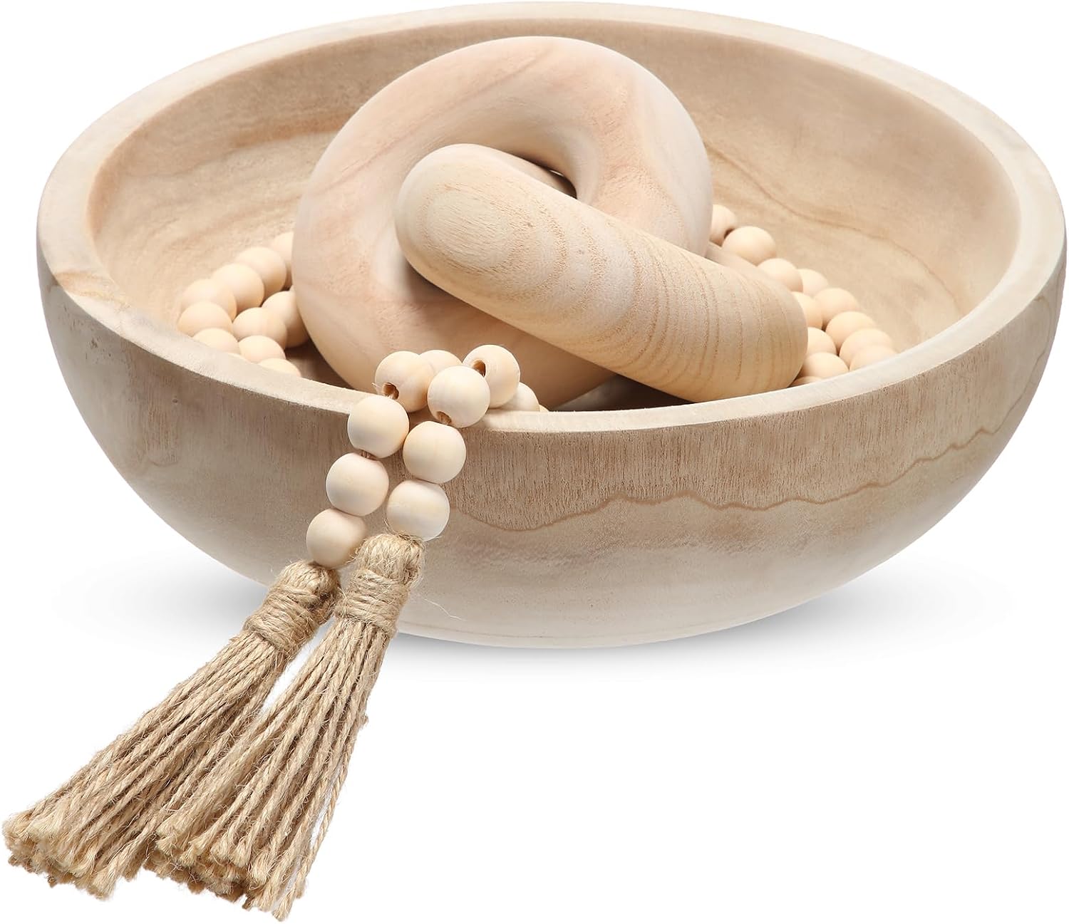 Aldernest Farmhouse Wooden Decorative Bowl Set with Chain Beads, Natural, Medium to Large, 3 Count