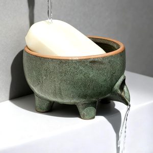 Barleyfield Soap Dish with Drainage, Ceramic Self Draining bar Soap Holder, 10.88 ounces, Avocado Green