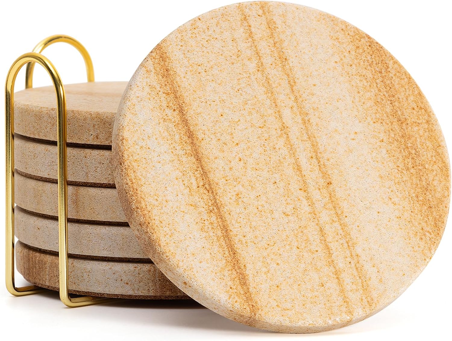 Ashenby Absorbent Sandstone Drink Coasters Set of 6 with Holder, 4" Round, Earthy Neutral, 5 Count