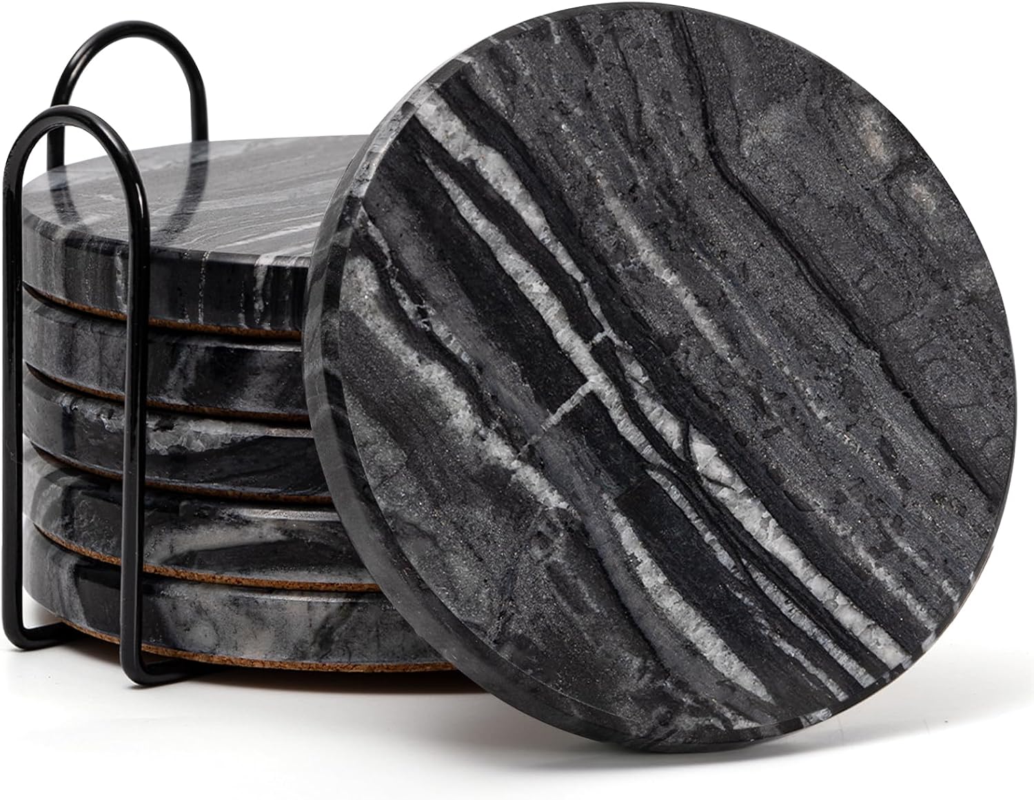 Ashenby Black Marble Coasters Set of 6 with Holder, Natural Black, 5 Count