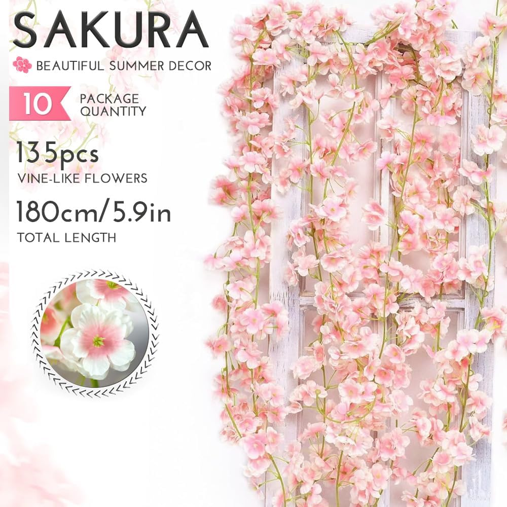 Aldernest 10PCS 59FT Artificial Silk Cherry Blossom Garland, 0.57 kg, Light Pink