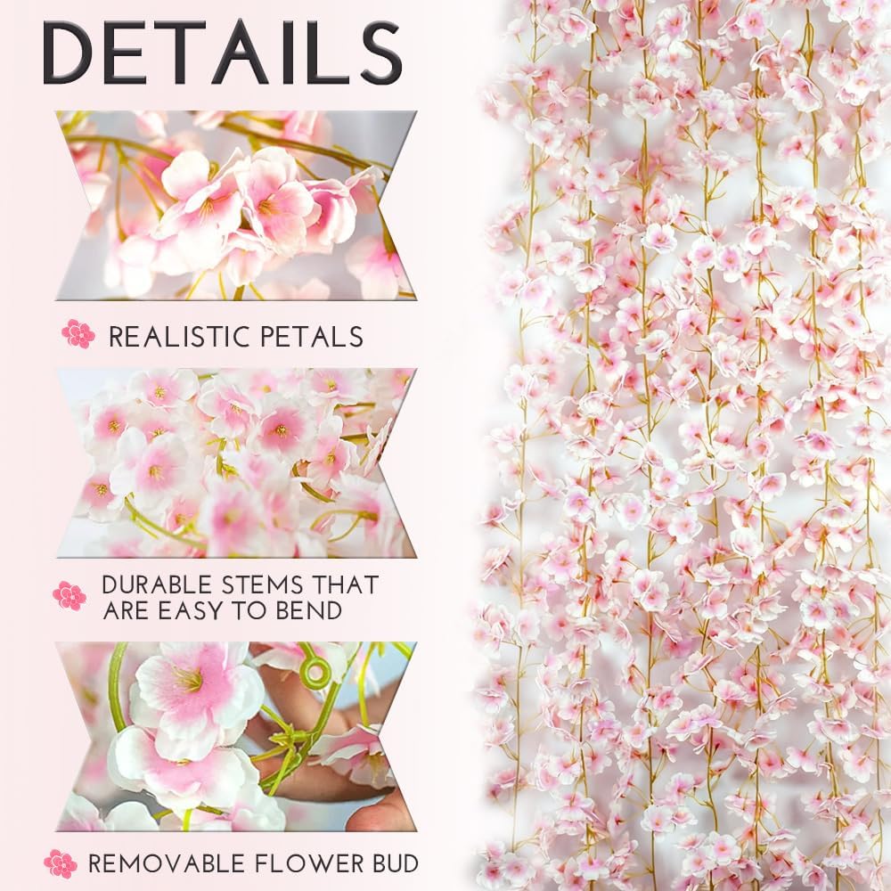 Aldernest 10PCS 59FT Artificial Silk Cherry Blossom Garland, 0.57 kg, Light Pink