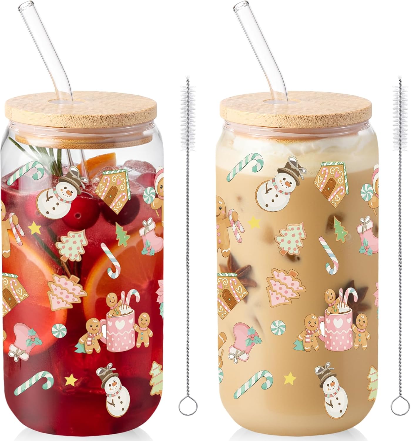 Ashenby 2 Pcs Christmas Gingerbread Glass Drinking Cup with Lid Straw, 16 oz, Cute Colors