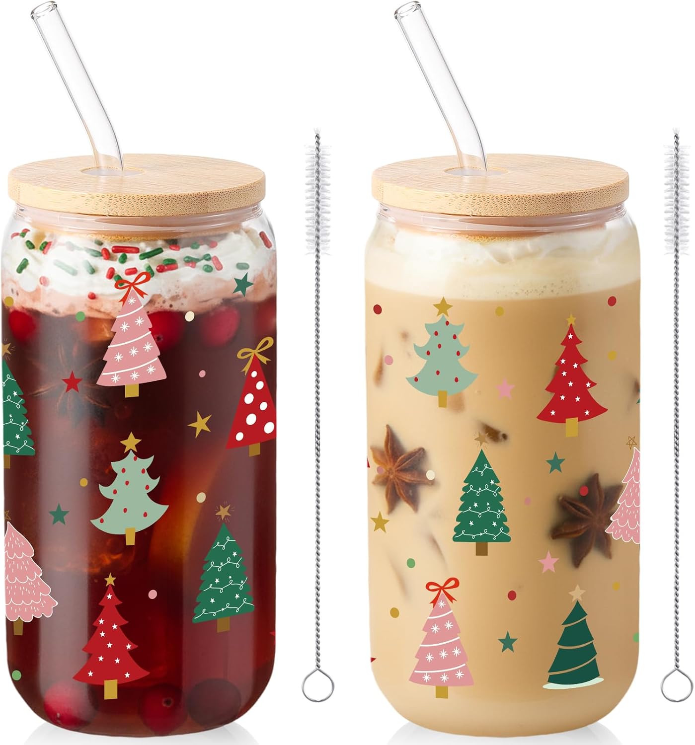 Ashenby 2 Pcs Christmas Tree Drinking Glass Cups with Lid Straw, 16 oz, Red, Green, and Pink