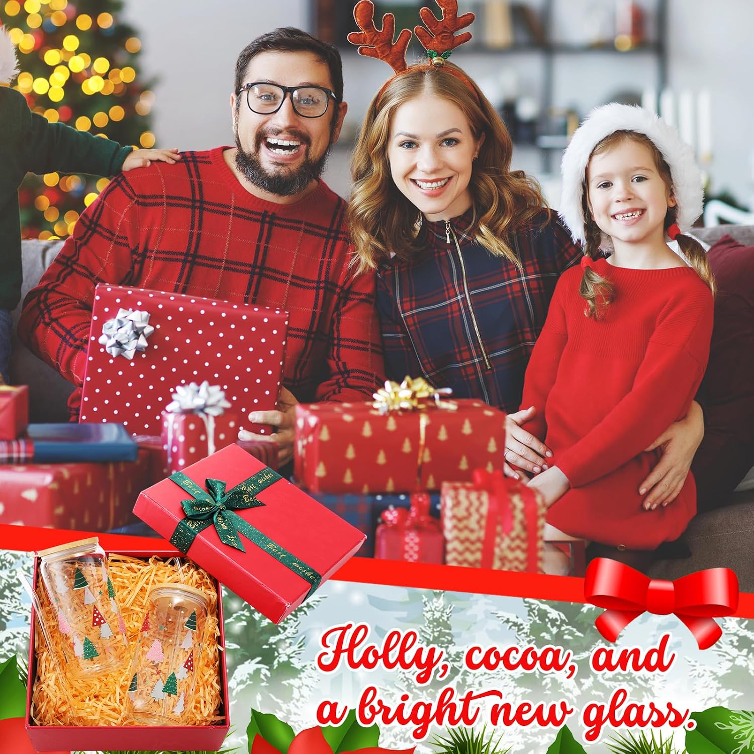 Ashenby 2 Pcs Christmas Tree Drinking Glass Cups with Lid Straw, 16 oz, Red, Green, and Pink