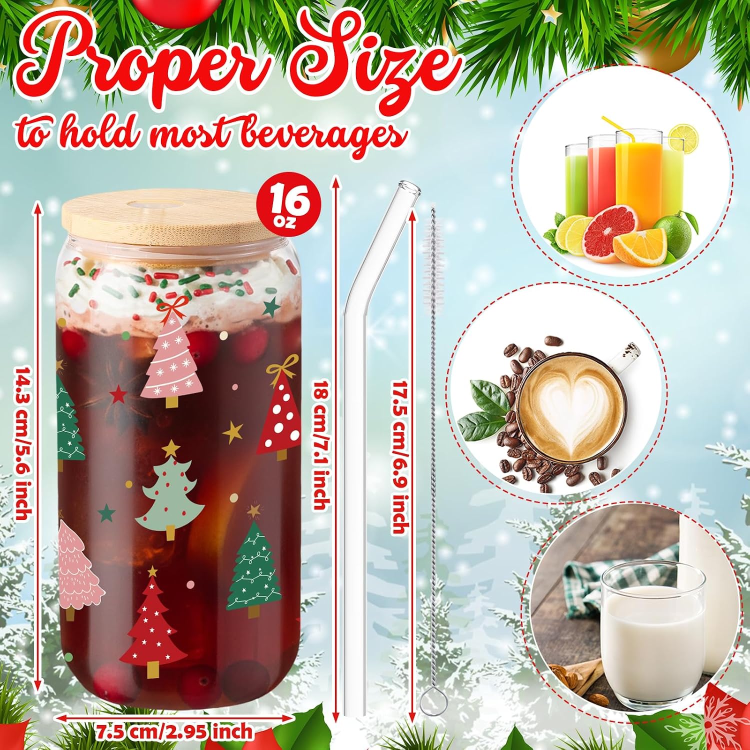 Ashenby 2 Pcs Christmas Tree Drinking Glass Cups with Lid Straw, 16 oz, Red, Green, and Pink