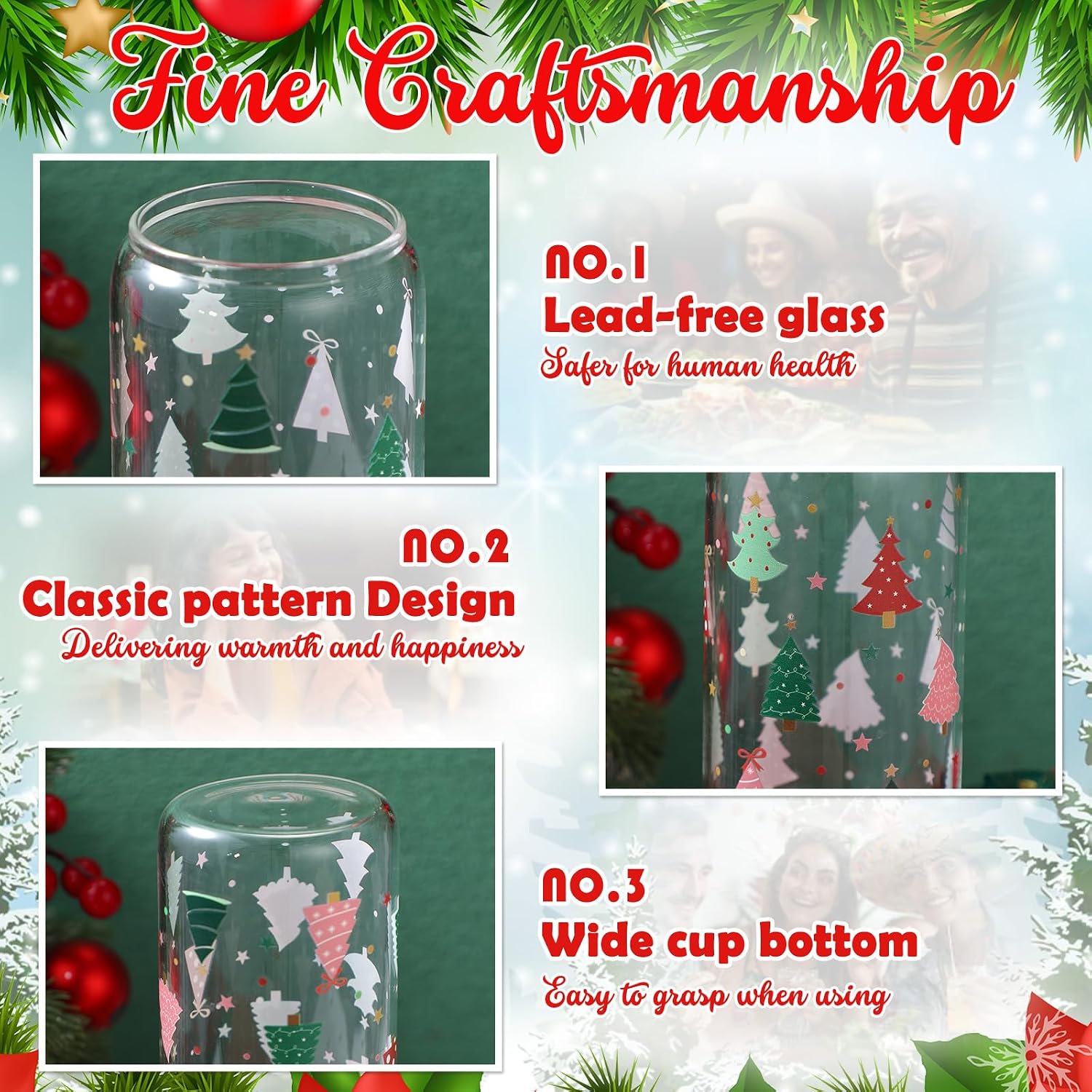 Ashenby 2 Pcs Christmas Tree Drinking Glass Cups with Lid Straw, 16 oz, Red, Green, and Pink