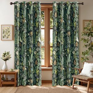VelloHome Botanical 100% Blackout Curtains for Bedroom 84 Inch Length 2 Panels Set Vintage Black Green Plant Floral Curtains Insulated Grommet Room