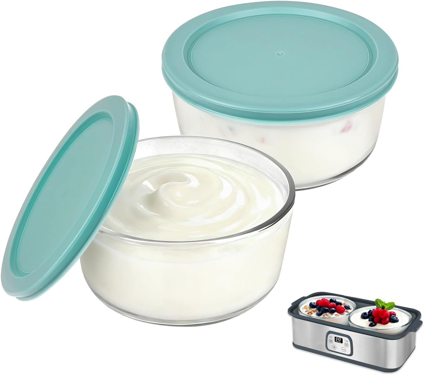 Aldernest 2 Pack Glass Yogurt Containers with Lids, Reusable Yogurt Bowl with Lid, Medium, Blue