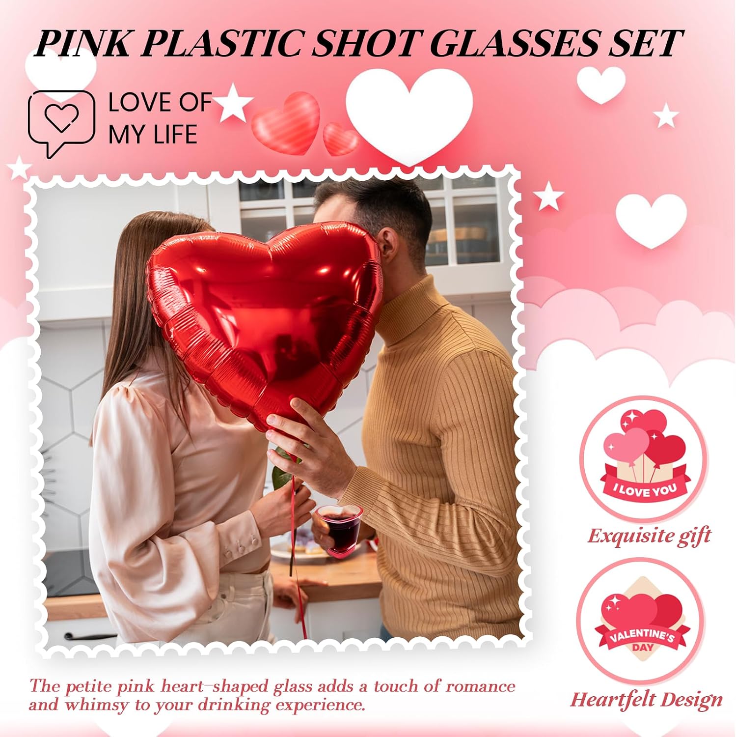 Ashenby 18 Pcs Pink Heart Shot Glasses Set Cute Shot Glasses with Heavy Base Reusable Plastic Beer Mug for Whiskey Tequila Valentine's Day Bachelor