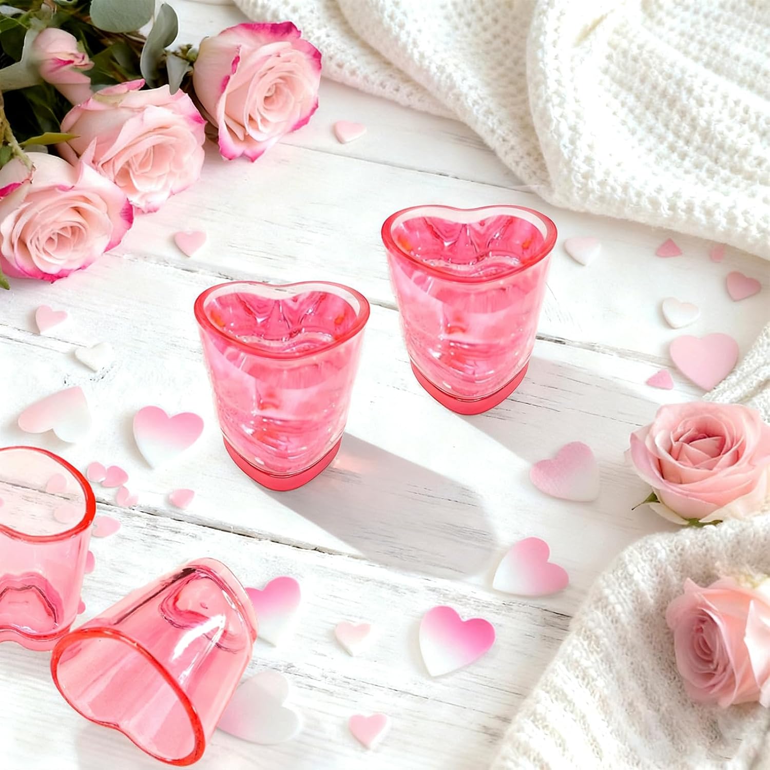 Ashenby 18 Pcs Pink Heart Shot Glasses Set Cute Shot Glasses with Heavy Base Reusable Plastic Beer Mug for Whiskey Tequila Valentine's Day Bachelor