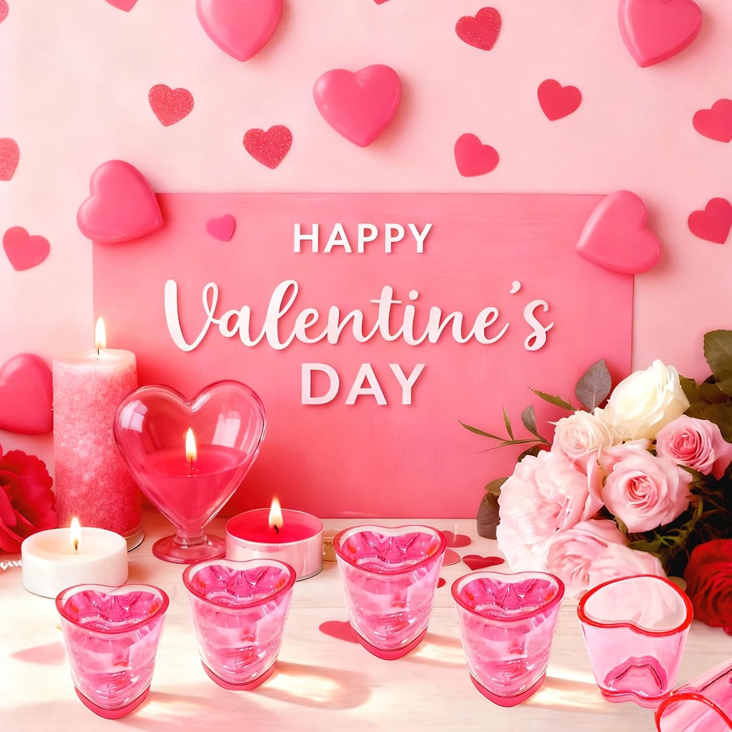 Ashenby 18 Pcs Pink Heart Shot Glasses Set Cute Shot Glasses with Heavy Base Reusable Plastic Beer Mug for Whiskey Tequila Valentine's Day Bachelor