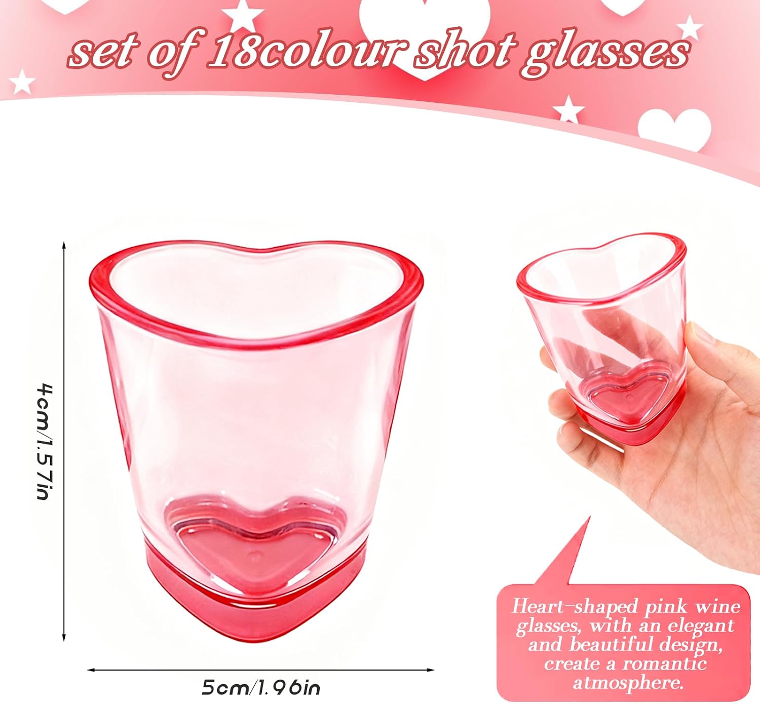 Ashenby 18 Pcs Pink Heart Shot Glasses Set Cute Shot Glasses with Heavy Base Reusable Plastic Beer Mug for Whiskey Tequila Valentine's Day Bachelor