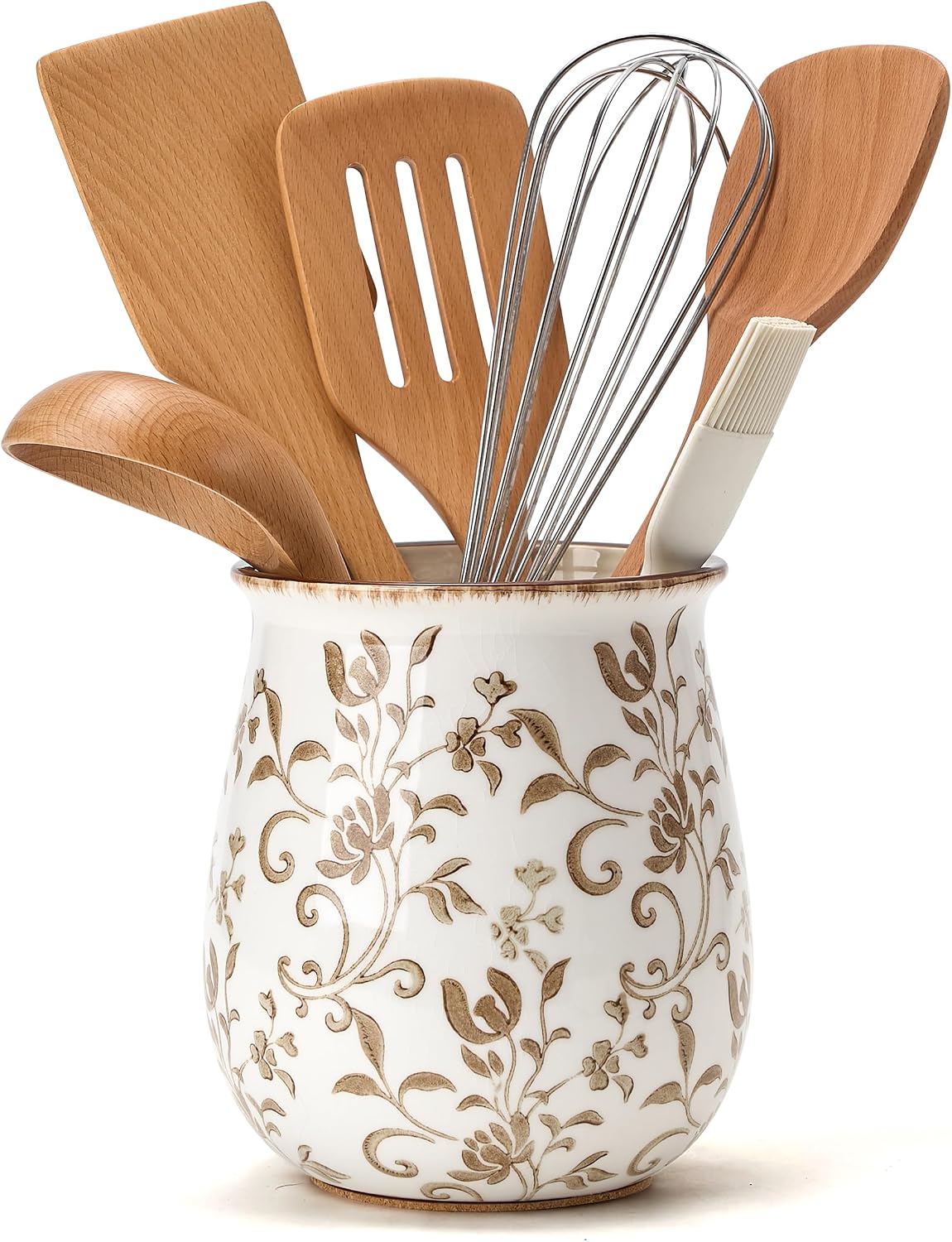 Aldernest Utensil Holder for Kitchen Counter, 1.05 kg, Brown Flower Patterns