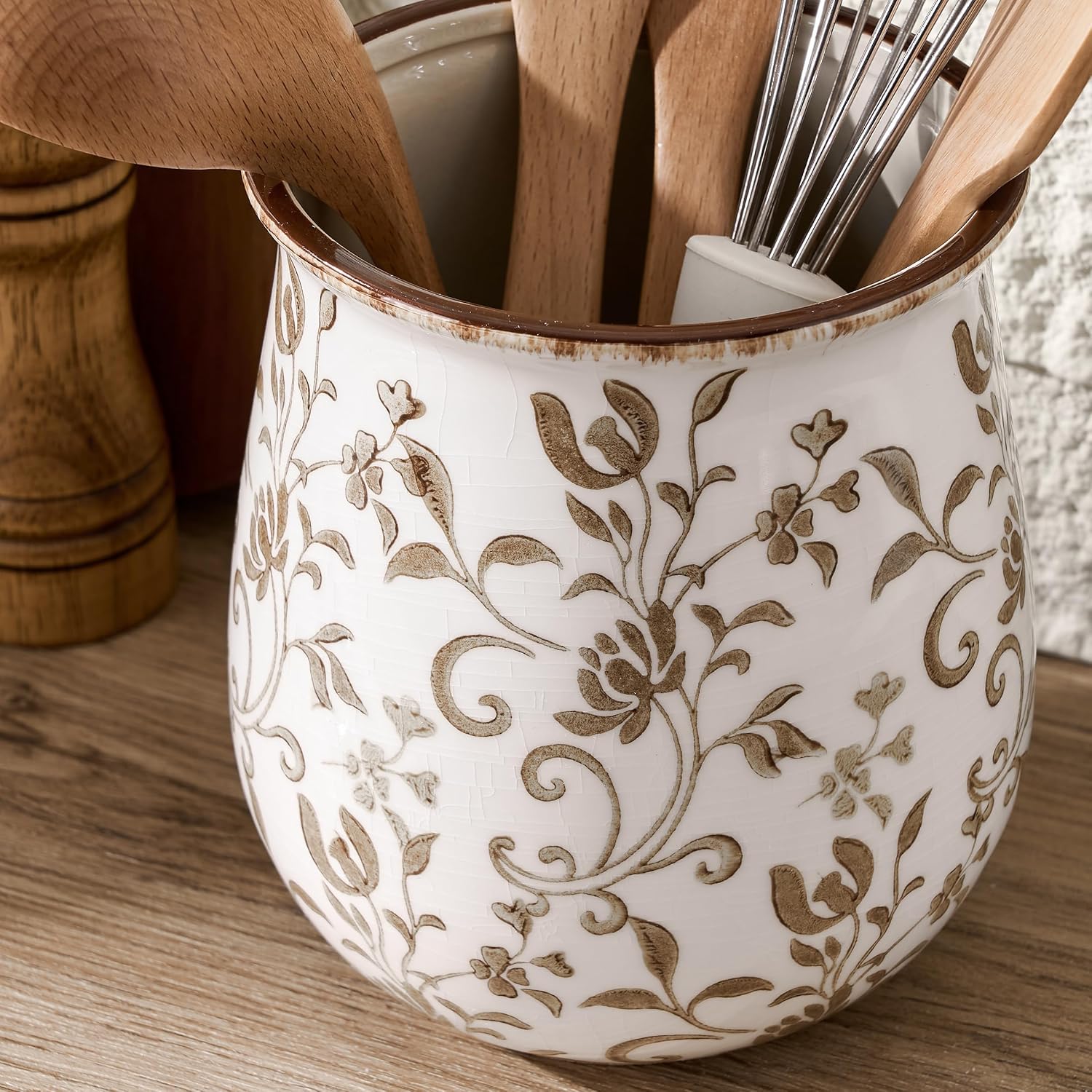 Aldernest Utensil Holder for Kitchen Counter, 1.05 kg, Brown Flower Patterns